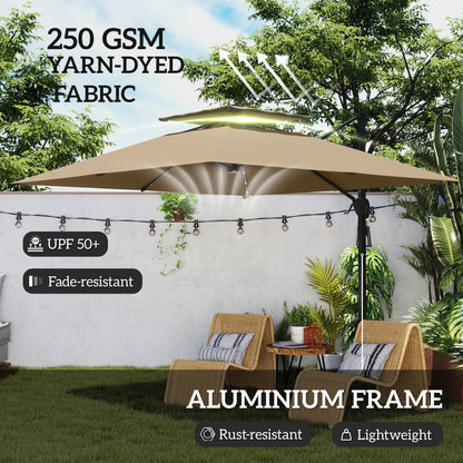 Outsunny 3.5x3 m Garden Cantilever Parasol with Solar LED Lights and Centre Light, UPF50+ Aluminium Patio Umbrella with 360° Rotation and Tilt, Hanging Sun Shade with Cross Base, Crank Handle, Khaki