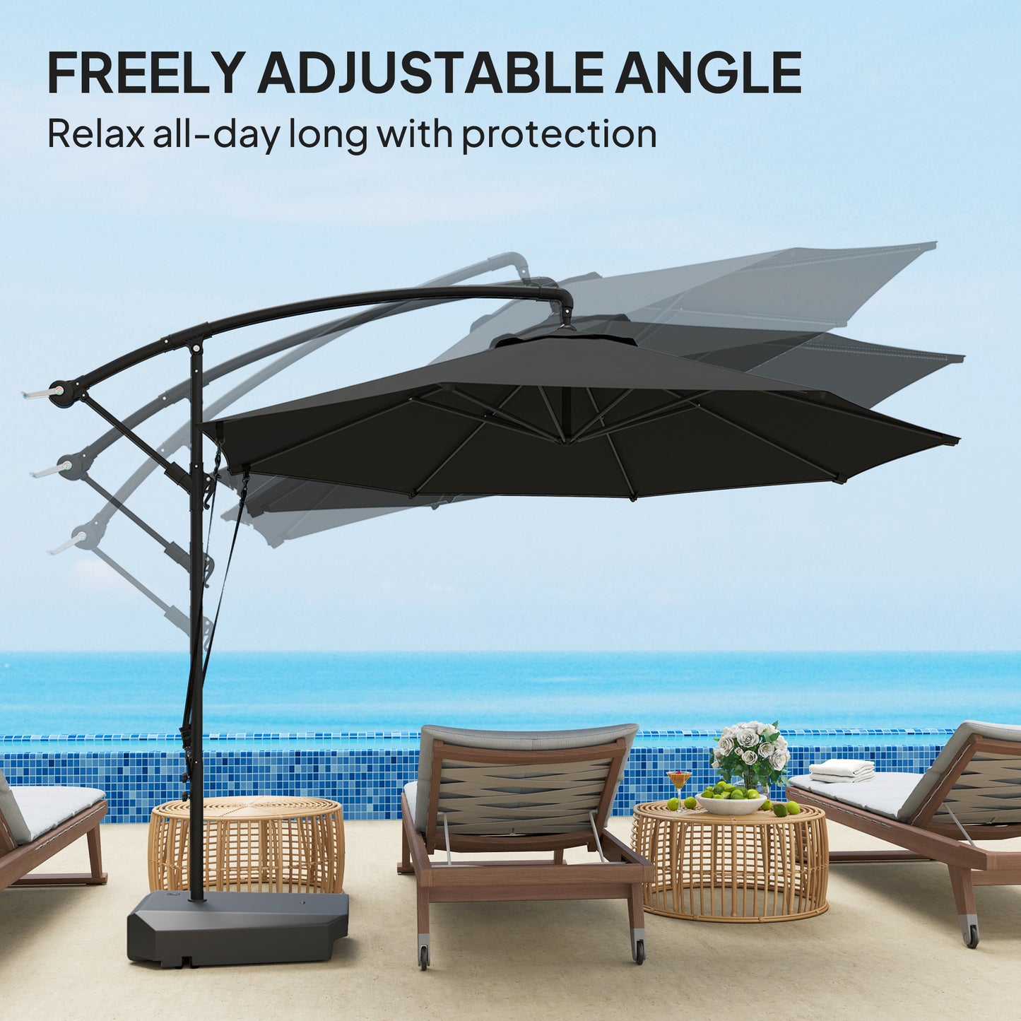 Outsunny 3(m) Garden Cantilever Parasol with Fillable Base up to 90kg, Wind Protection Strap, Cover, Round Banana Hanging Umbrella with Crank Handle and Tilt, UPF50+ Patio Umbrella, Grey