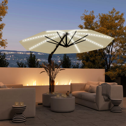 Outsunny 3(m) Cantilever Garden Parasol with Solar Powered Lights, Crank Handle & Cross Base, UPF 50+, 360° Rotation, Cream