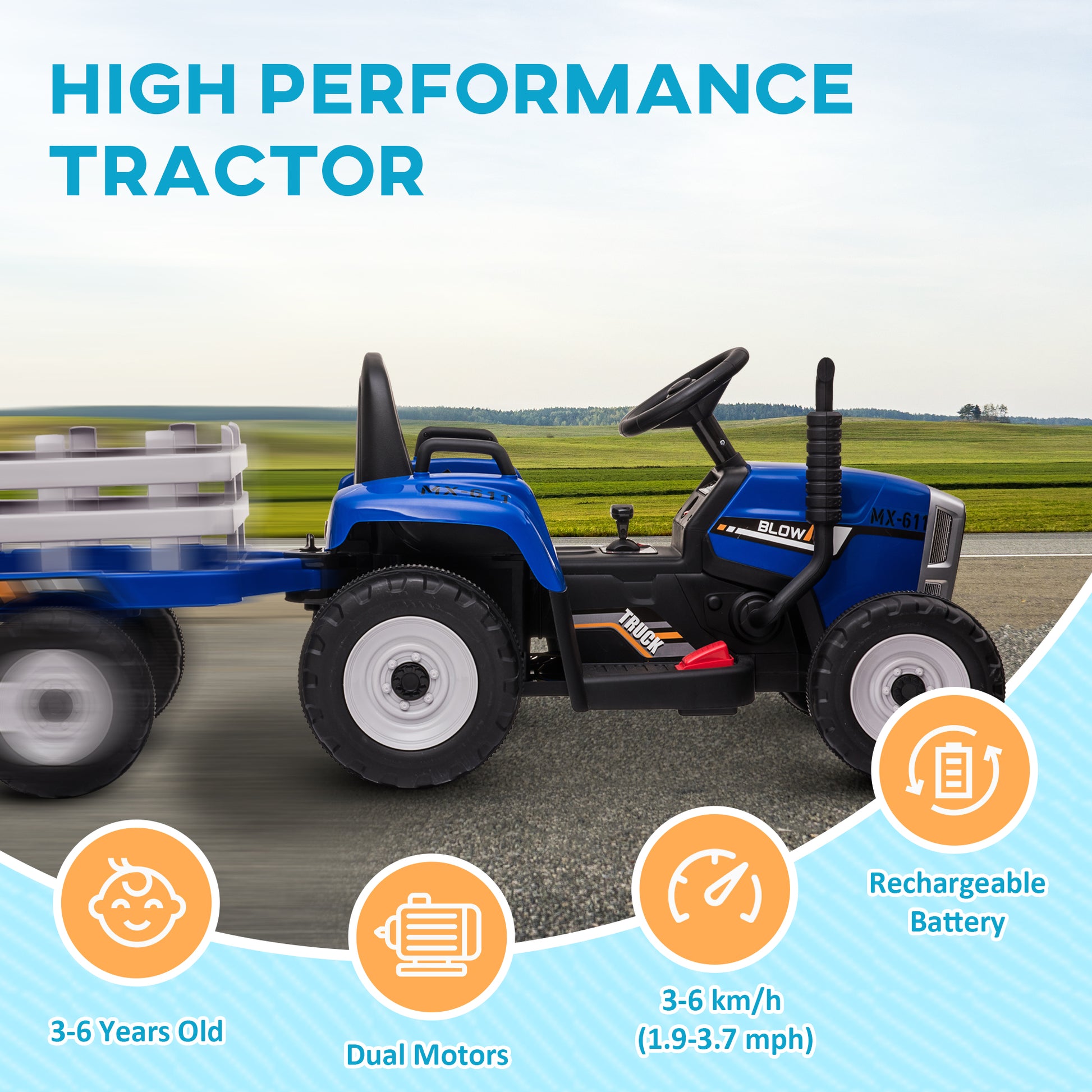 HOMCOM Electric Ride on Tractor w/ Detachable Trailer, 12V Kids Battery Powered Electric Car w/ Remote Control, Music Start up Sound, Blue