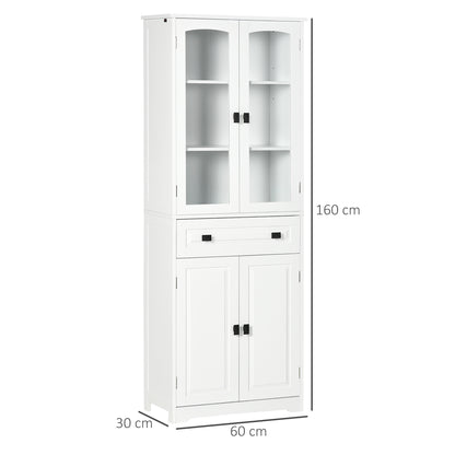 HOMCOM Kitchen Cupboard, Freestanding Storage Cabinet with 2 Adjustable Shelves, Drawer and Glass Door for Living Room, Dining Room, 160cm, White