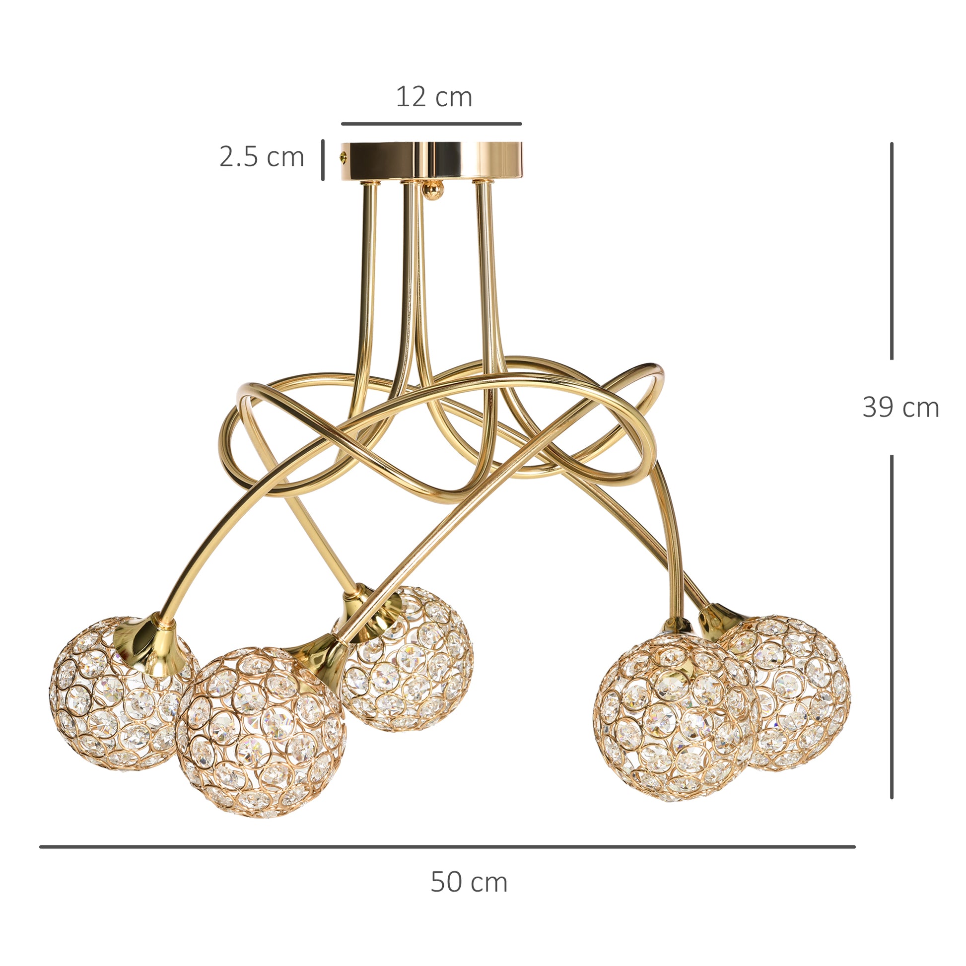 HOMCOM Crystal Chandelier Modern Pendant Light for Living Room with 5 Ball Lampshades 5 G9 Bulbs Required Gold Tone