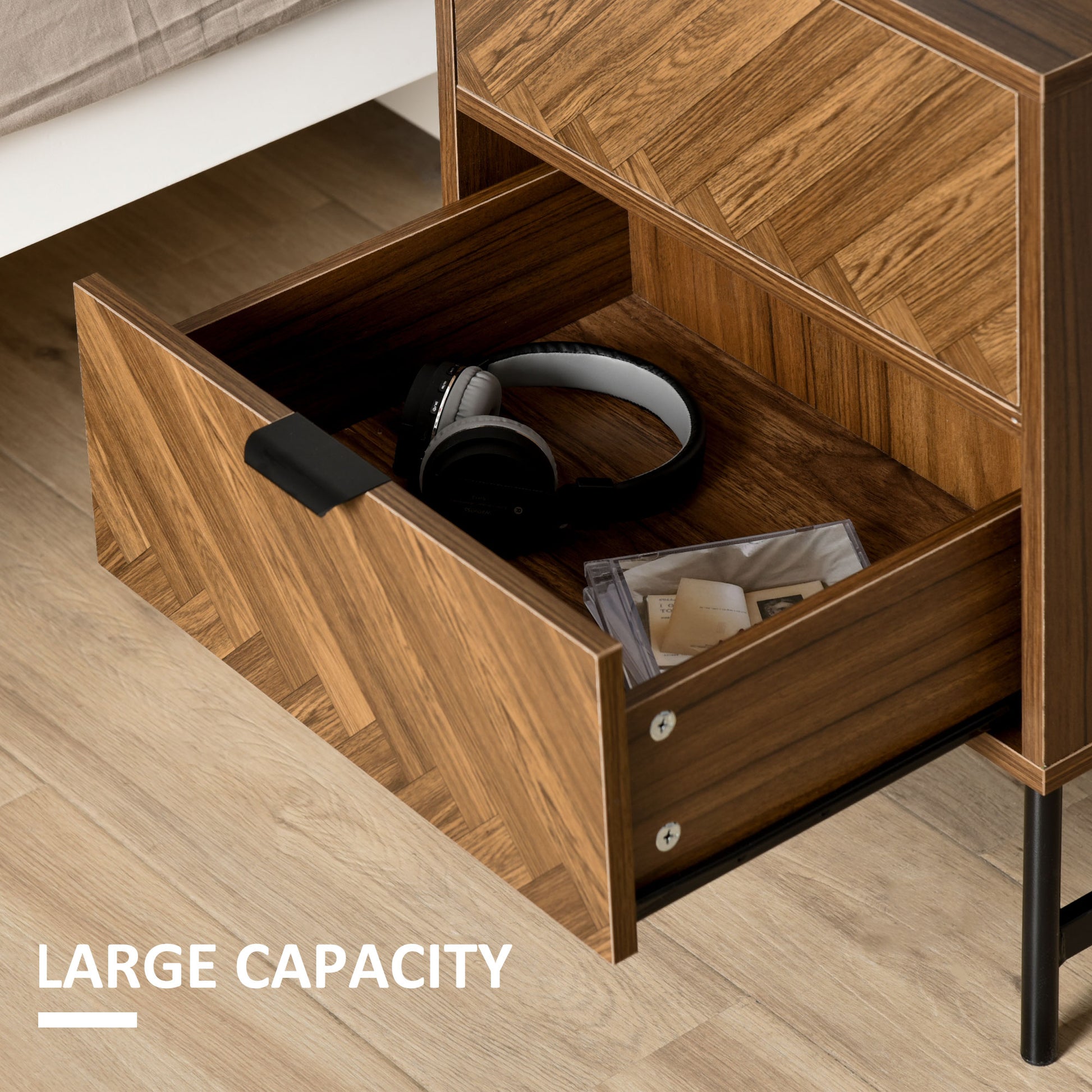 HOMCOM Side Cabinet Home Organizer with 2 Storage Drawer Unit, Hidden Handle for Bedroom, Living Room, Herringbone Pattern, Walnut Brown