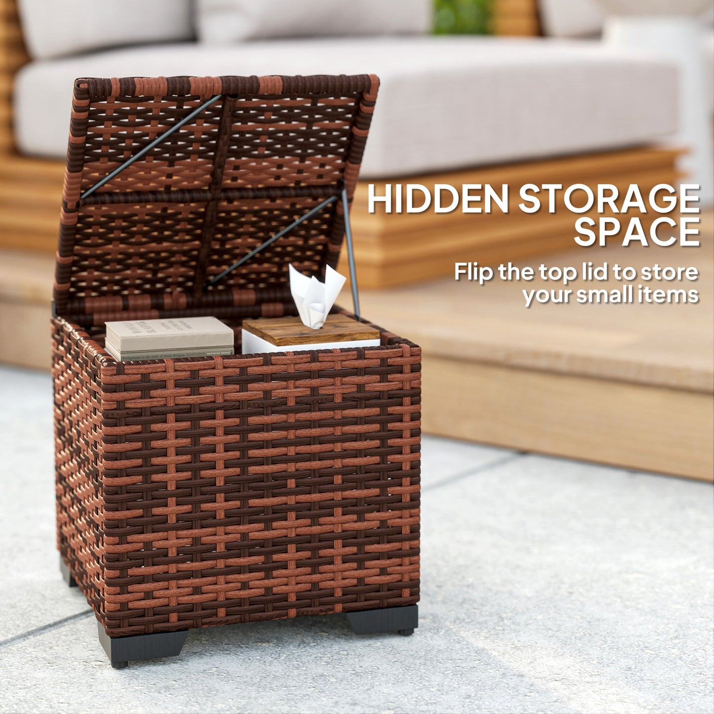 Outsunny Set of 2 Rattan Storage Ottoman, Outdoor Footstool with Removable Cushions, Garden Storage Seat for Balcony, Poolside, Living Room, Beige