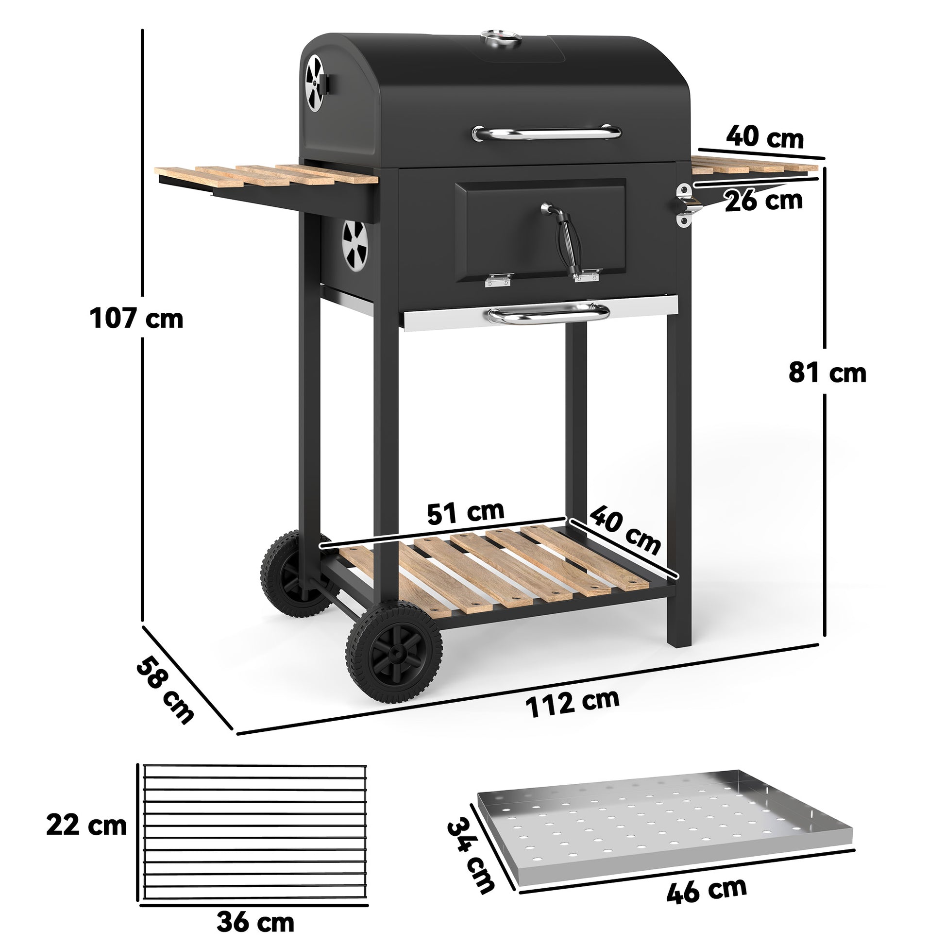 Outsunny Charcoal BBQ Grill with Height Adjustable Charcoal Pan, Portable Barbecue Smoker with Warming Rack, 3 Shelves, Temperature Gauge, Wheels, Bottle Opener for Outdoor Cooking Garden Party