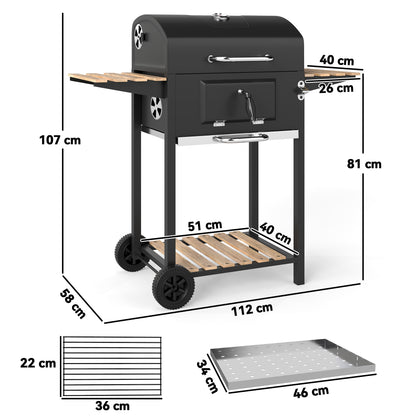 Outsunny Charcoal BBQ Grill with Height Adjustable Charcoal Pan, Portable Barbecue Smoker with Warming Rack, 3 Shelves, Temperature Gauge, Wheels, Bottle Opener for Outdoor Cooking Garden Party