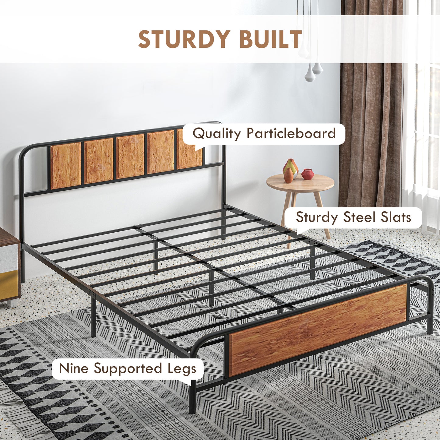 HOMCOM 31cm King Size Bed Frame, Industrial Bed Base with Headboard, Footboard, Steel Slat Support and Under Bed Storage, 160 x 207cm