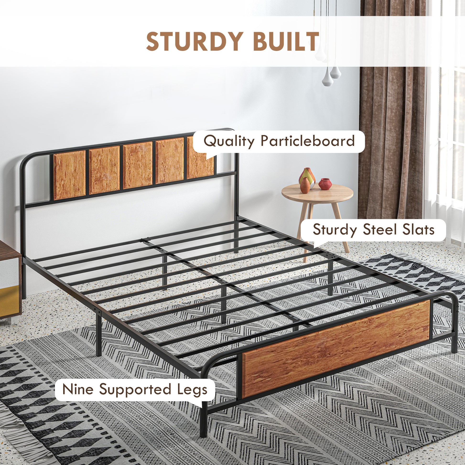HOMCOM 31cm King Size Bed Frame, Industrial Bed Base with Headboard, Footboard, Steel Slat Support and Under Bed Storage, 160 x 207cm