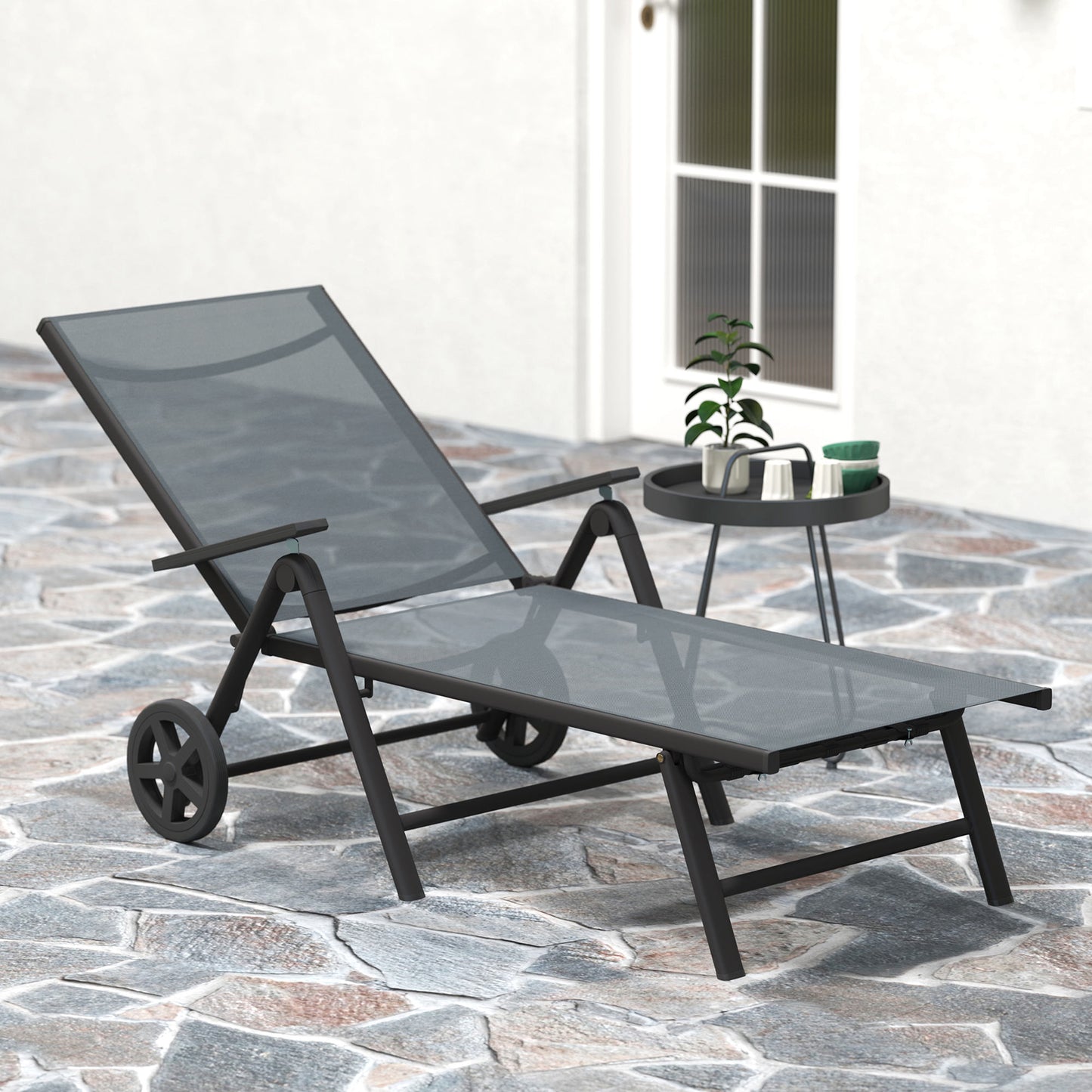 Outsunny Folding Sun Lounger with Wheels, 5-Position Adjustable Garden Chaise Lounge Sunbed with Armrests, Metal Frame Outdoor Portable Reclining Chair for Beach, Porch, Grey