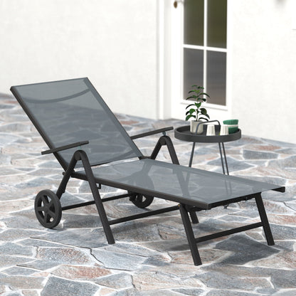 Outsunny Folding Sun Lounger with Wheels, 5-Position Adjustable Garden Chaise Lounge Sunbed with Armrests, Metal Frame Outdoor Portable Reclining Chair for Beach, Porch, Grey