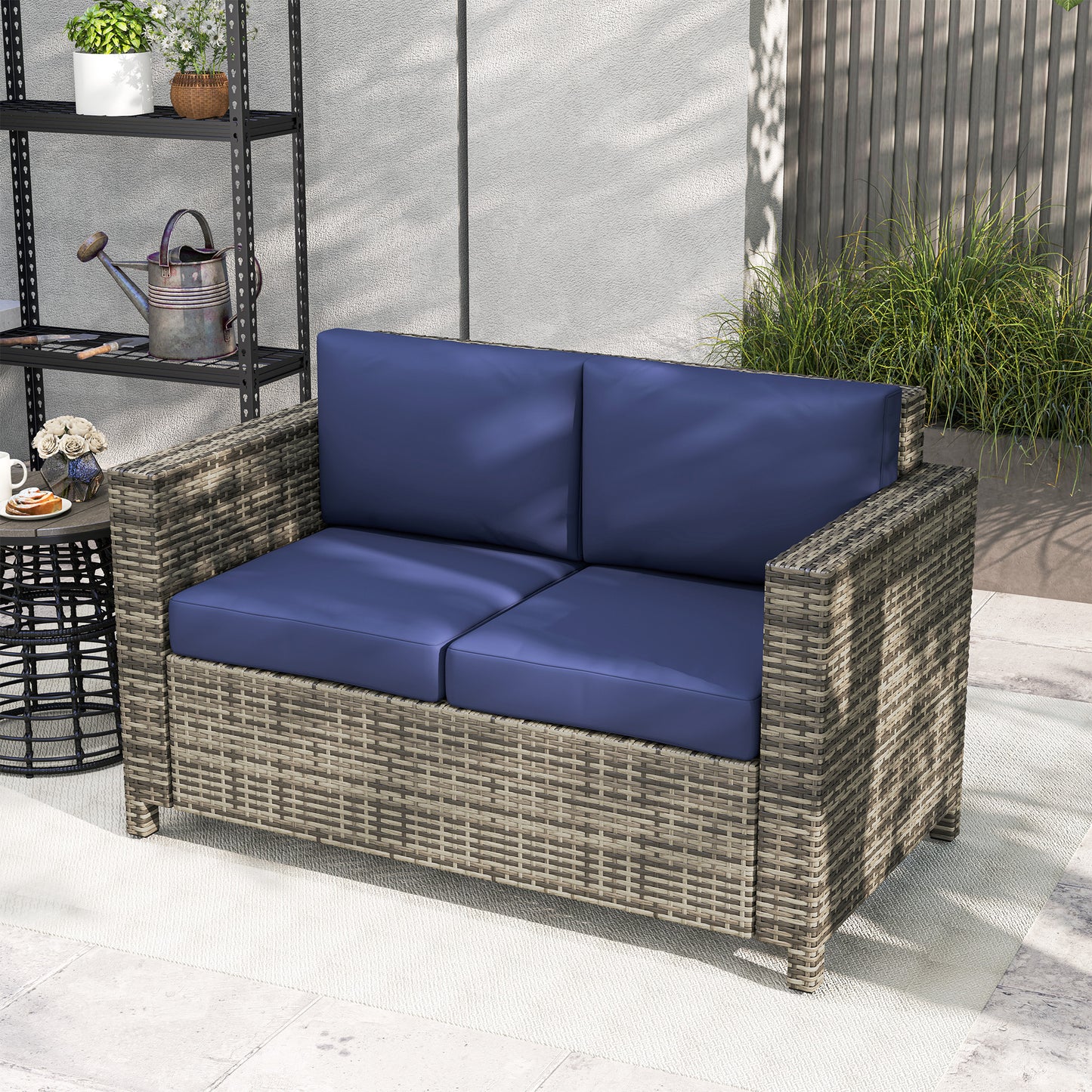 Outsunny Rattan Sofa, 2 Seater Garden Furniture with Soft Padded Cushion and Armrests, Wicker Garden Loveseat for Patio, Navy Blue