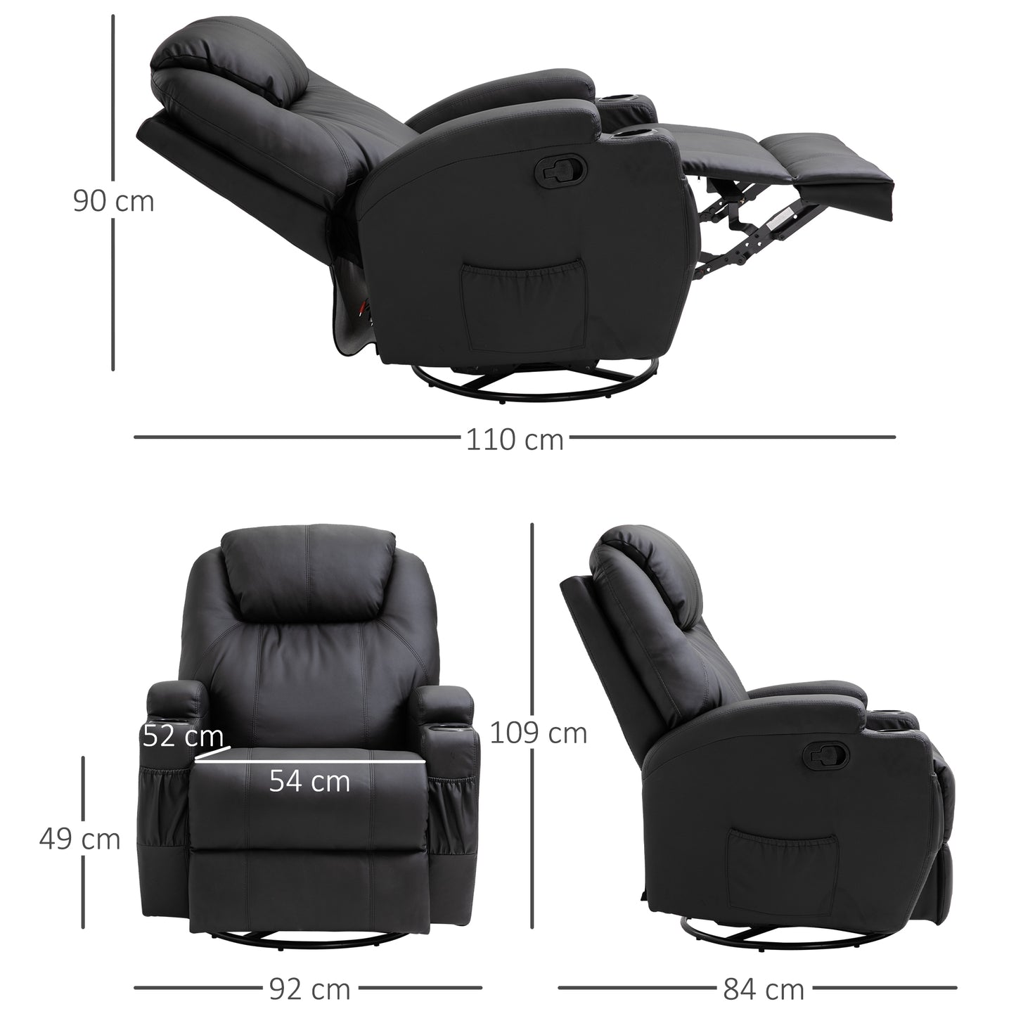 HOMCOM Recliner Sofa Chair PU Leather Armchair Cinema Massage Chair Swivel Nursing Gaming Chair Black
