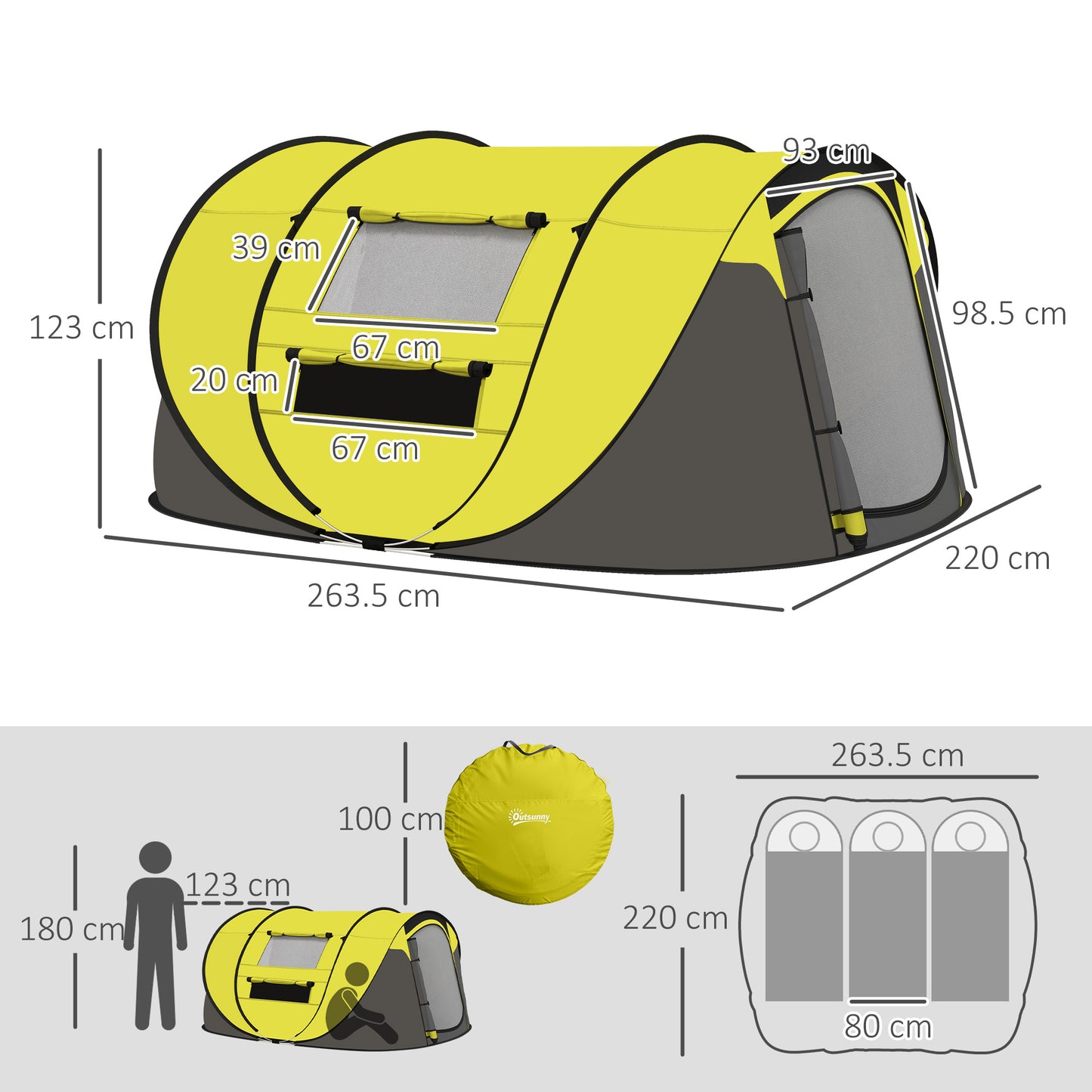 Outsunny 4-5 Person Pop-up Camping Tent Family Tent w/ 2 Mesh Windows & PVC Windows Portable Carry Bag for Outdoor Trip, Yellow