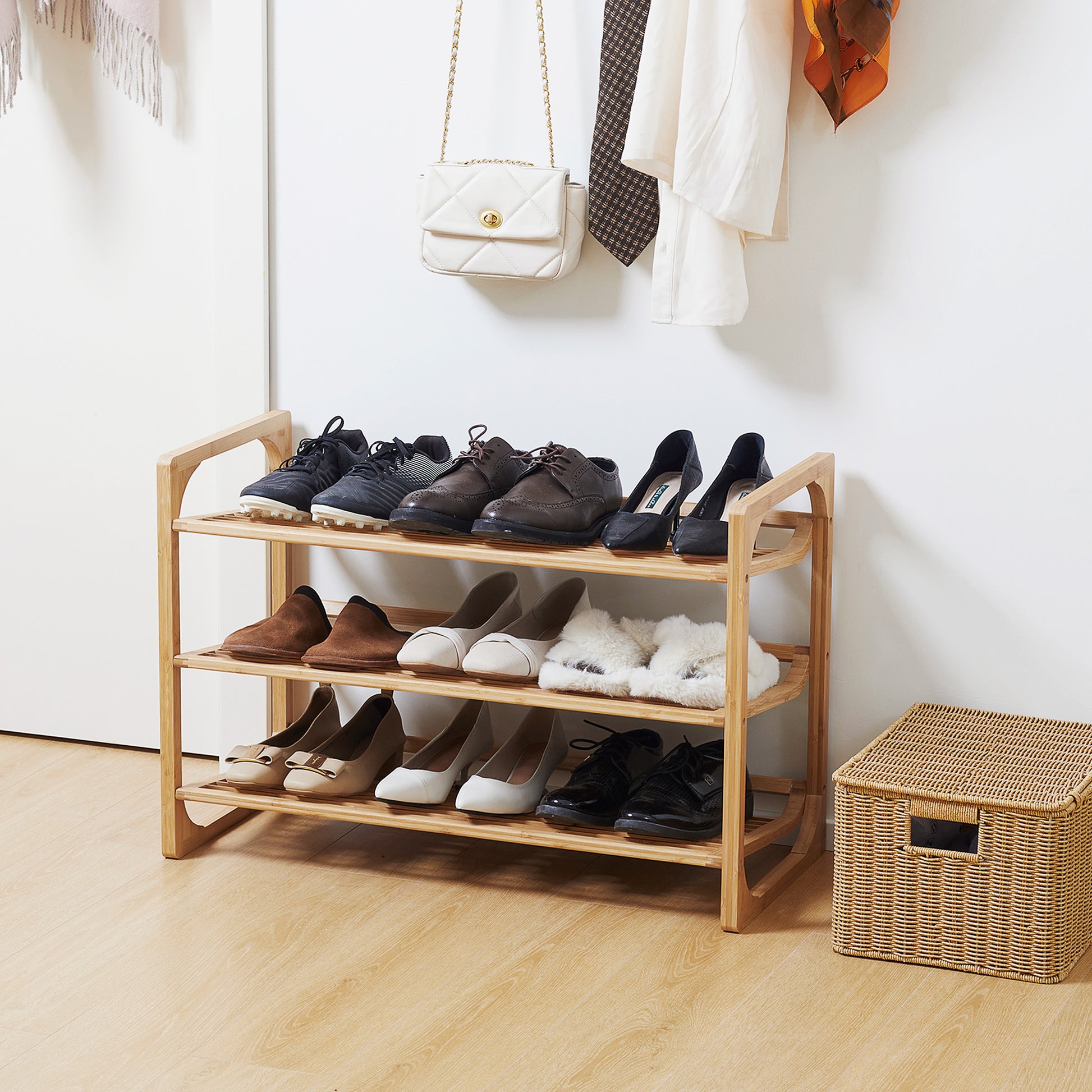 HOMCOM 3-Tier Shoe Rack, Bamboo Shoe Storage Organizer with Slatted Shelves, Free Standing Shoe Shelf Stand for 9 Pairs of Shoes for Entryway Natural