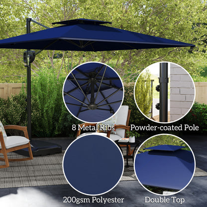 Outsunny Cantilever Parasol with Weighted Base Double Top Garden Parasol Square Hanging Patio Umbrella with Crank Tilt Dark Blue