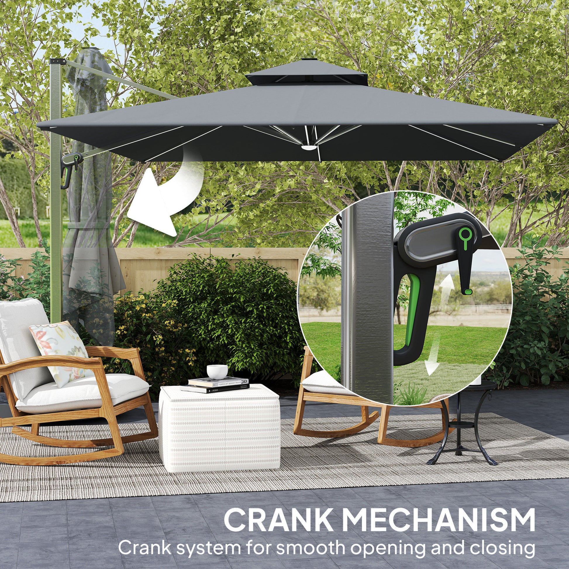 Outsunny 3(m) Garden Cantilever Parasol with Solar LED Lights, Cross Base, 360° Rotation, Crank Handle and Tilt, Grey