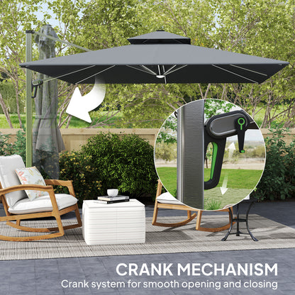 Outsunny 3(m) Garden Cantilever Parasol with Solar LED Lights, Cross Base, 360° Rotation, Crank Handle and Tilt, Grey