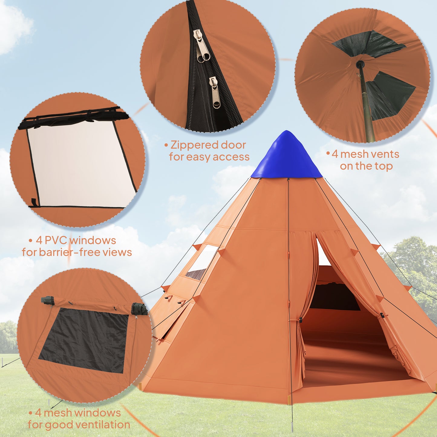 Outsunny 6 Men Tipi Tent with Carry Bag - Orange