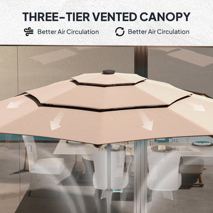 Outsunny 3-Tier Garden Parasol with Solar LED Lights, UPF 30+, Tilt Mechanism & Crank Handle, for Market Terrace, Khaki
