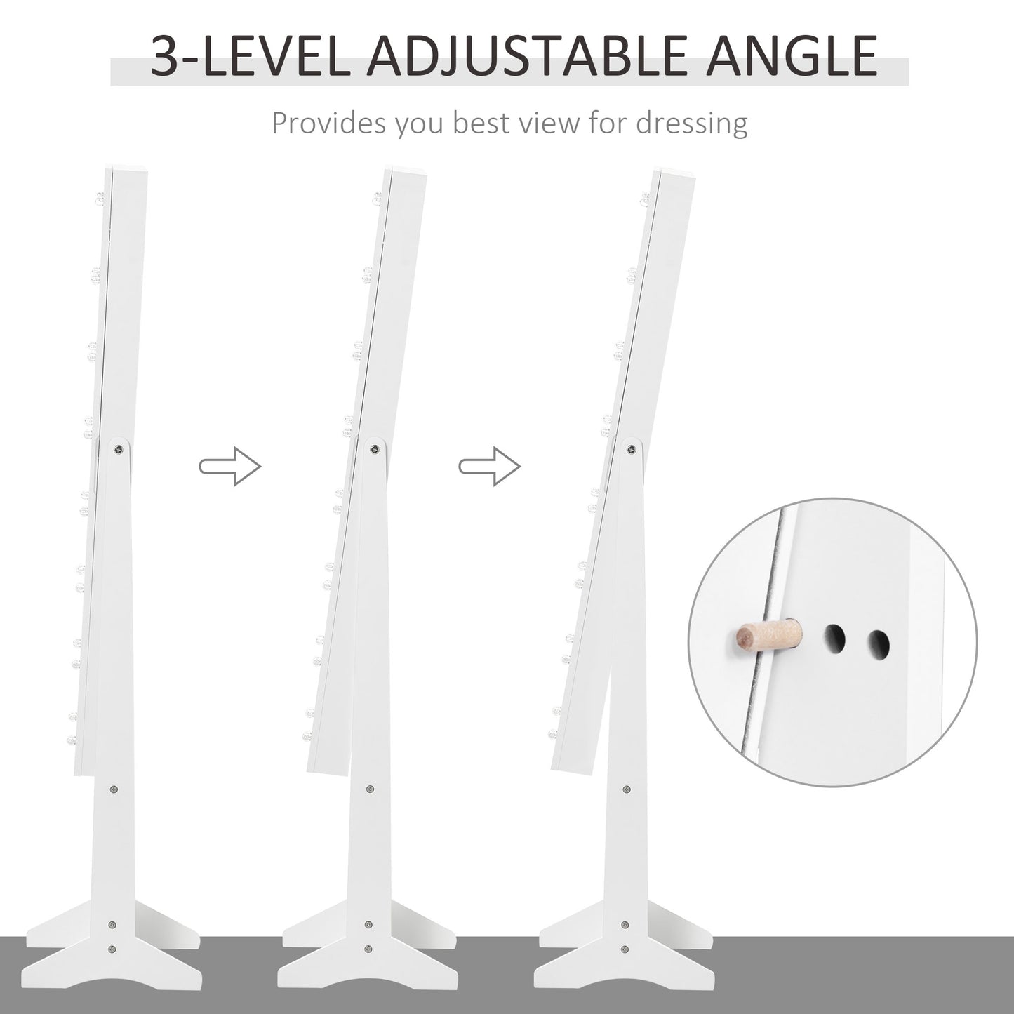 HOMCOM Full Body Mirrored Jewelry Cabinet W/ LED Light Jewelry Cabinet W/ 3 Angle Adjustable For Rings Earrings Bracelets Cosmetics Warm White