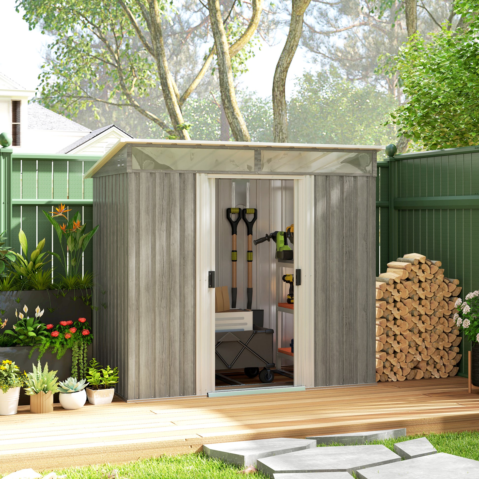 Outsunny 6.5 x 4FT Galvanised Metal Shed with Foundation Kit, Lockable Tool Garden Shed with Double Sliding Doors, Vents, Light Grey Wood Effect