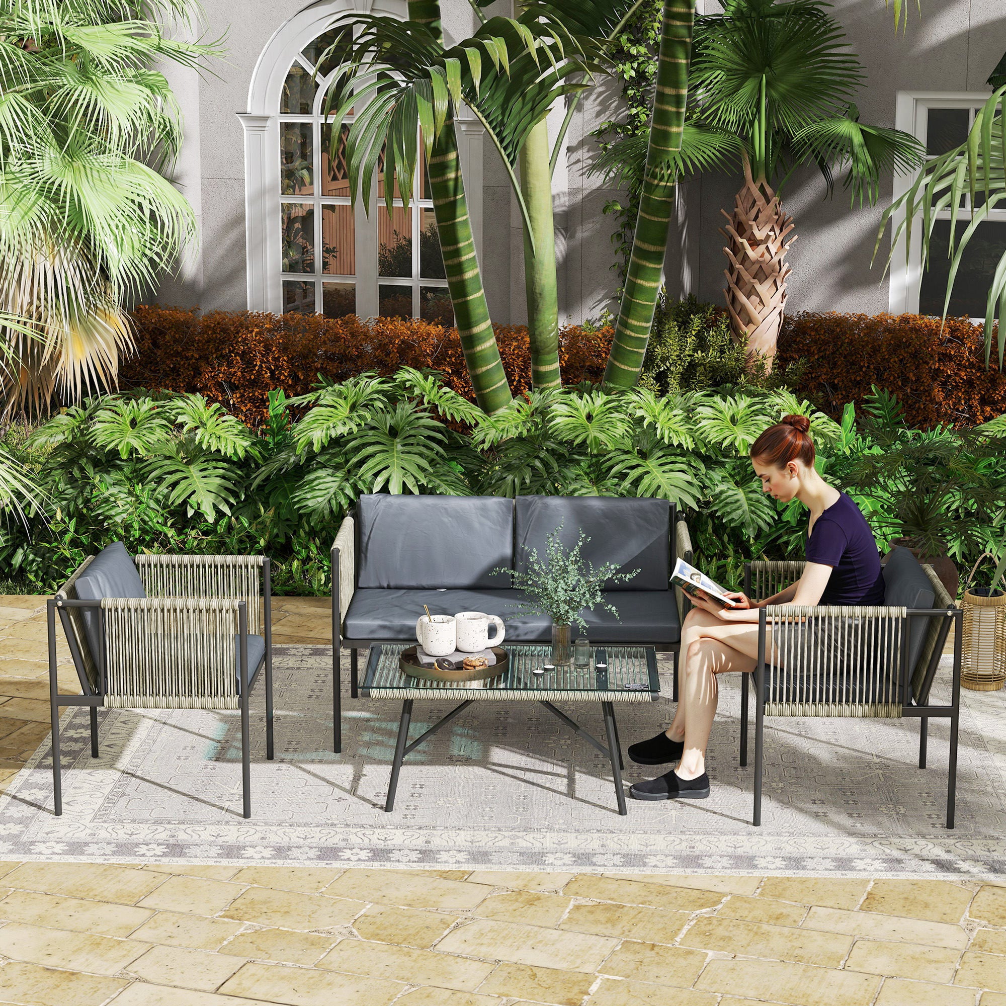 Outsunny Four-Piece Round Rattan Rope Sofa Set - Grey – GardenArch