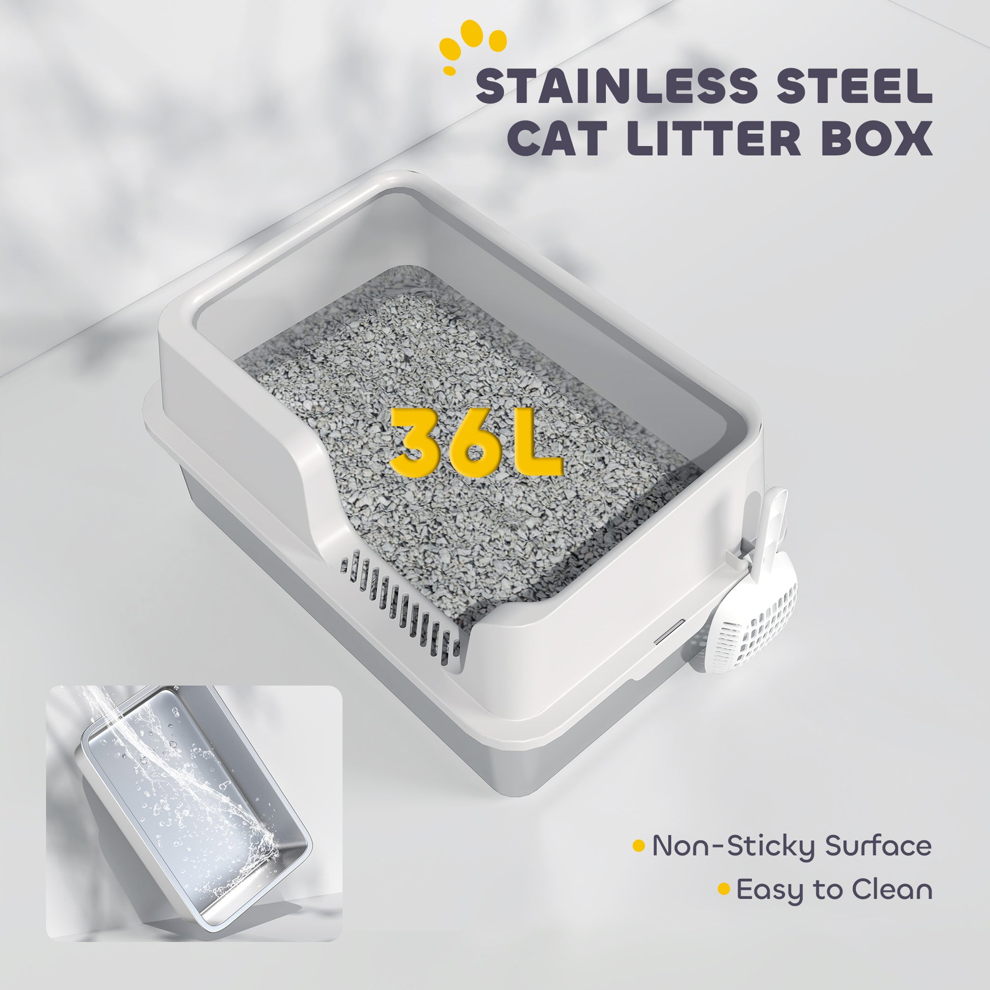 PawHut Stainless Steel Litter Box with Detachable Rim, Scoop, Easy Cleaning, Odour-Resistant, 60 x 40 x 28 cm