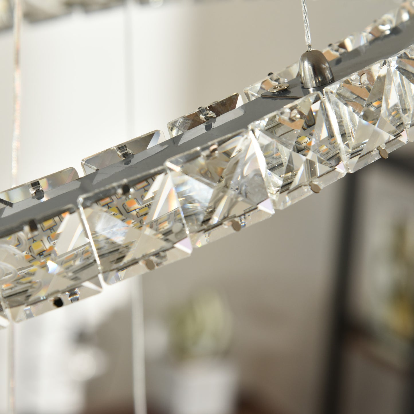 HOMCOM Modern LED Chandelier with 2 Crystal Rings, Dimmable Pendent Ceiling Light Cool Warm White with Adjustable Cable Remote Controller, Silver
