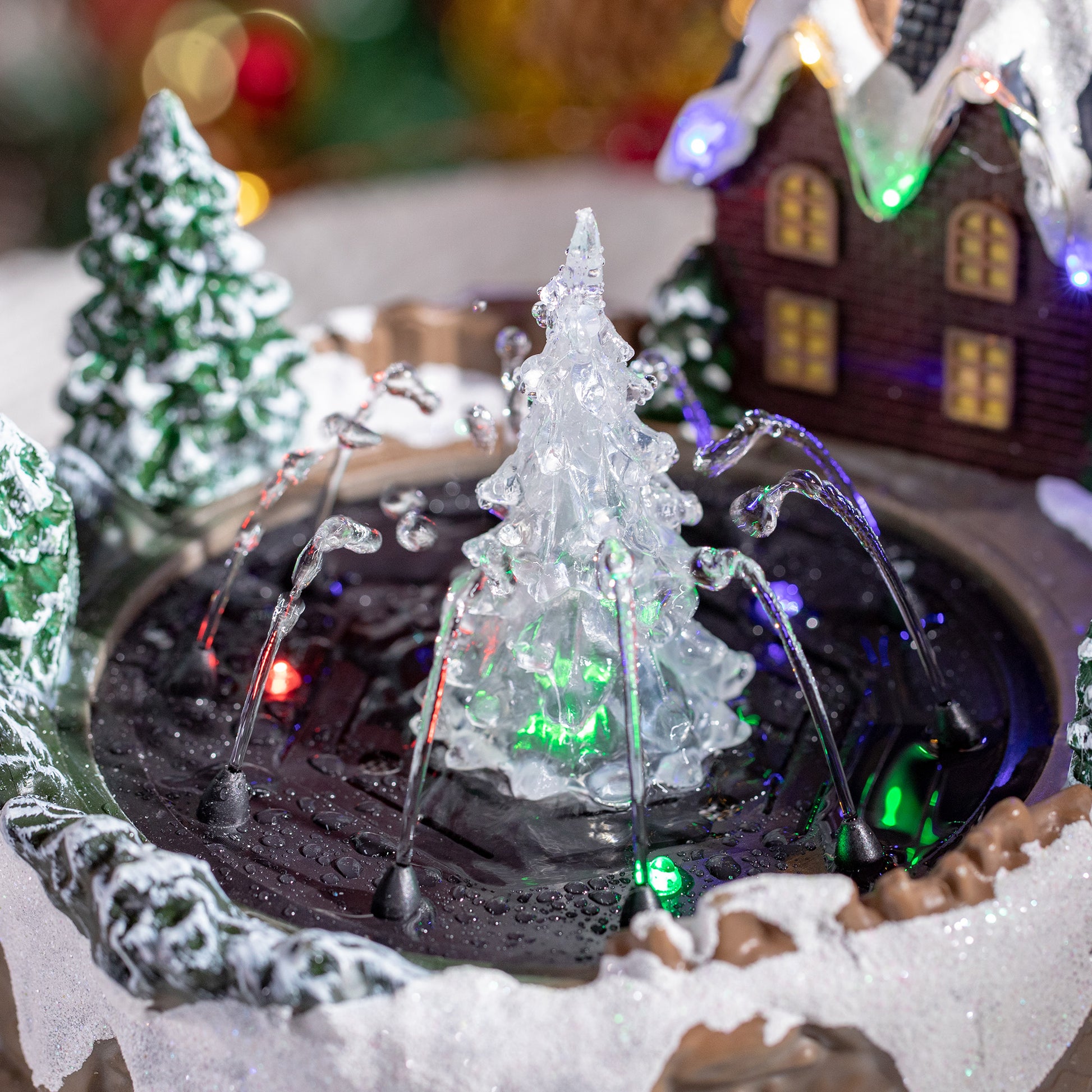 HOMCOM Fountain Christmas Village, Santa and Deer Animated Winter Wonderland Set with Multicoloured LED Light, Plug-In Christmas Decoration