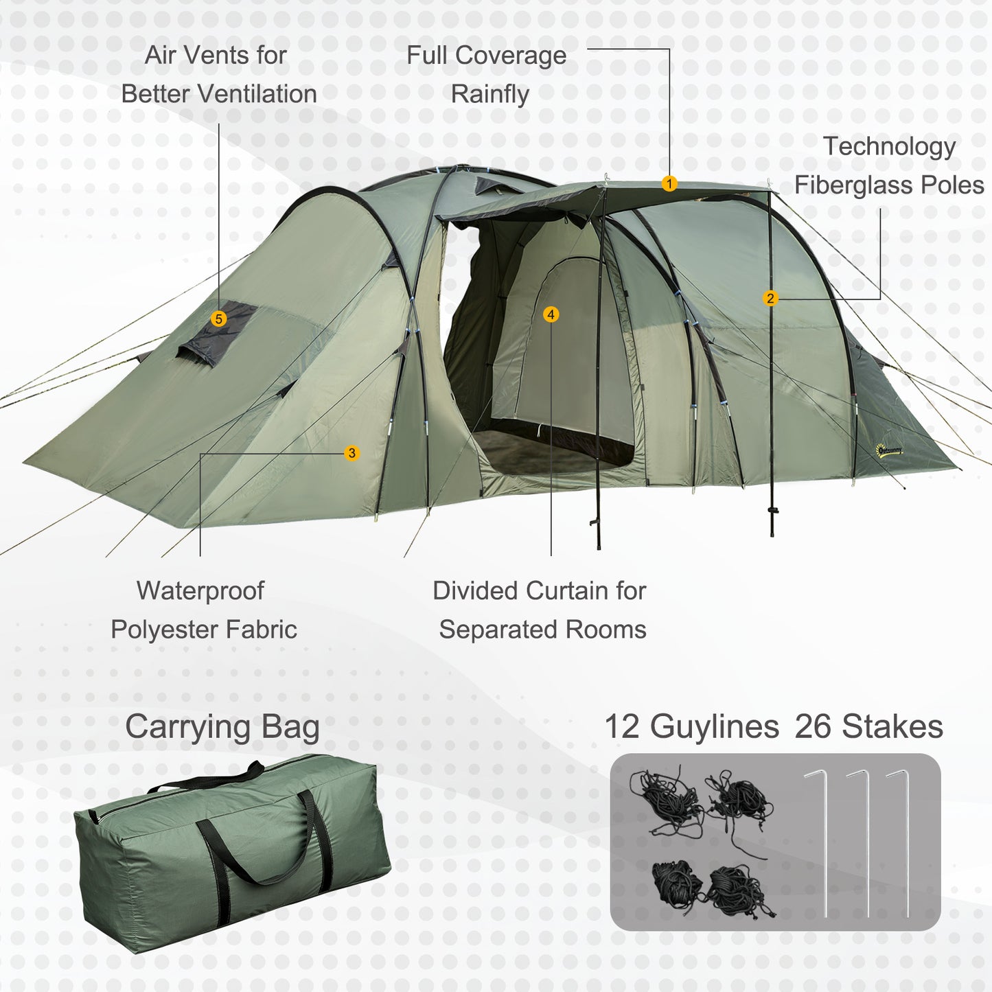 Outsunny 5 Man Camping Tent Camping Gazebo Garden Tent with Rainfly 3 Rooms Carry Bag