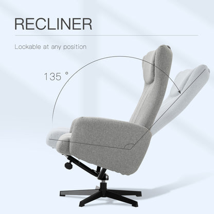HOMCOM Linen Fabric Recliner and Ottoman Set, Swivel Leisure Lounge Chair with Footstool, 135° Adjustable Backrest and Thick Foam Padding, Light Grey