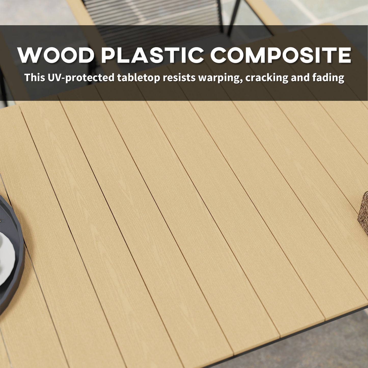 Outsunny 6 Seater Garden Dining Set with Soft Cushions, Rattan Backrest, Rectangular Plastic Top, Garden Furniture Set, Outdoor Dining Table and Chairs for Patio, Balcony, Poolside, Nature Wood Finish