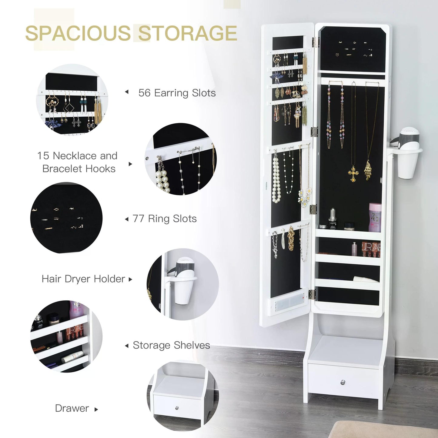 HOMCOM Freestanding Jewellery Cabinet Storage Mirror Armoire w/ LED Lights Hooks Drawer Hairdryer Holder Vanity Adjustable Bedroom Furnishing White