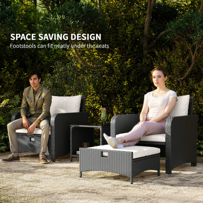 Outsunny Five Piece Rattan Garden Furniture Set with 2-Tier Coffee Table and Ottomans  - Cream White