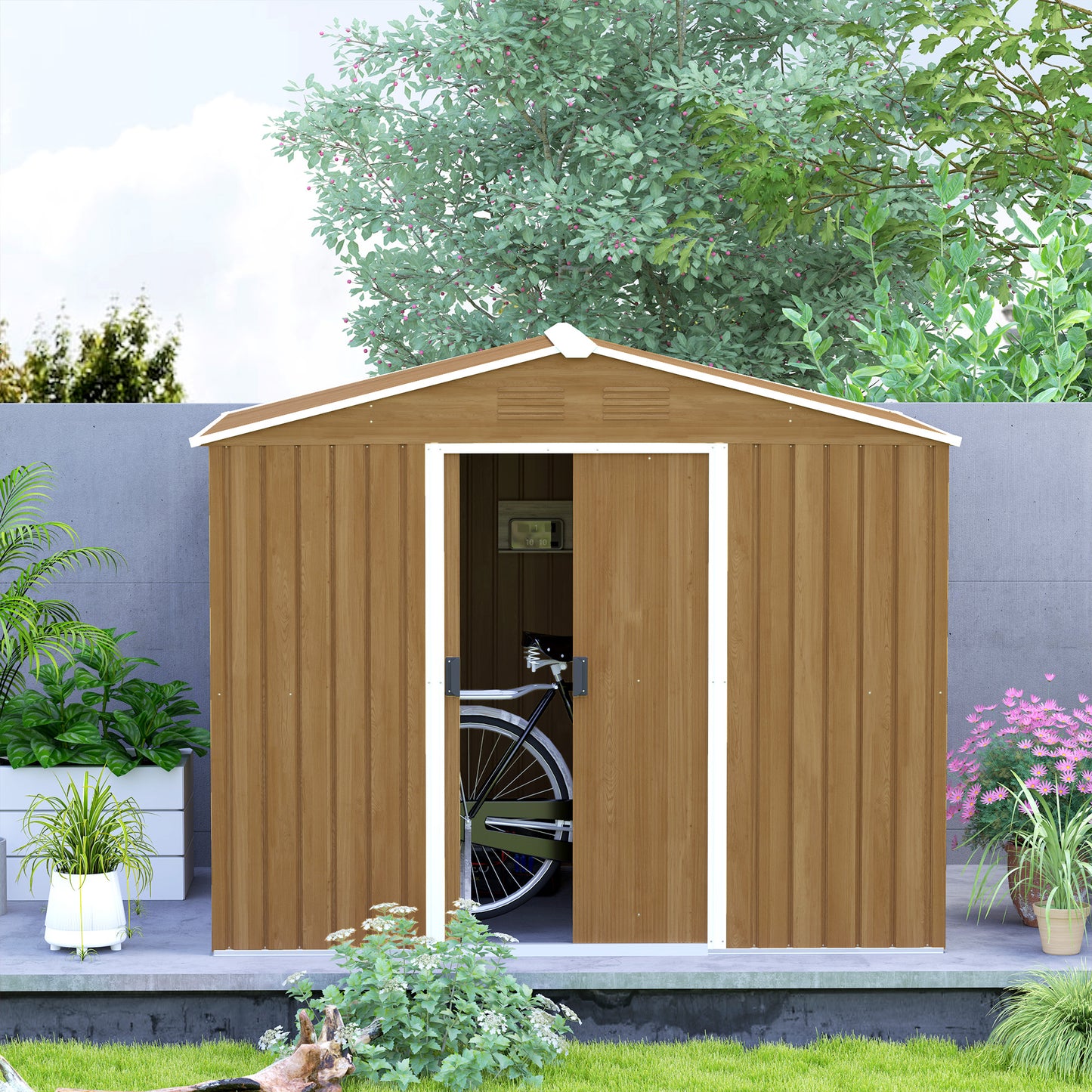 Outsunny 8 x 6ft Galvanised Steel Shed, with Double Door - Brown
