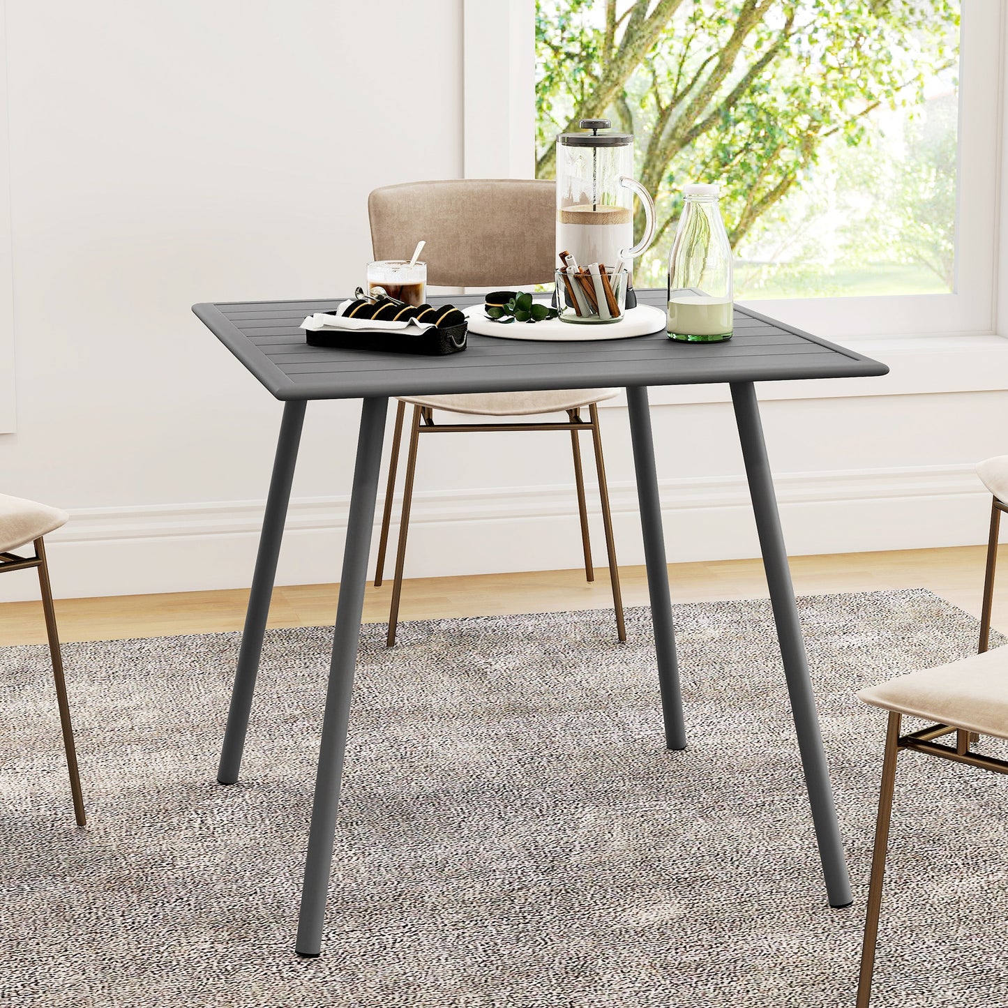 Outsunny Square Garden Table with Slat Top, Steel Frame, Outdoor Table for 4 Person, 80 x 80 x 74 cm, Grey