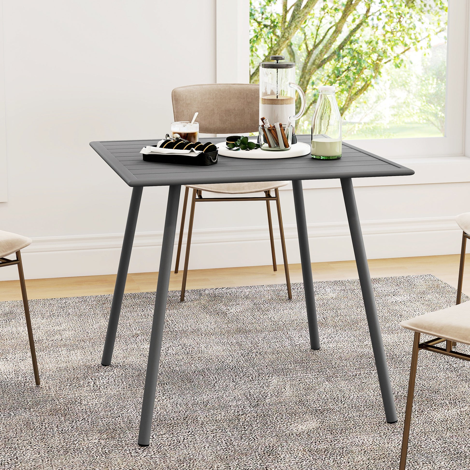 Outsunny Square Garden Table with Slat Top, Steel Frame, Outdoor Table for 4 Person, 80 x 80 x 74 cm, Grey