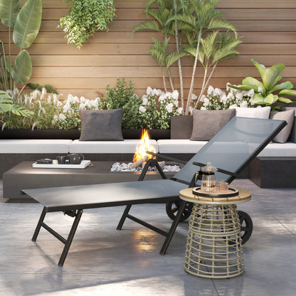 Outsunny Folding Sun Lounger with Wheels, 5-Position Adjustable Garden Chaise Lounge Sunbed with Armrests, Metal Frame Outdoor Portable Reclining Chair for Beach, Porch, Grey