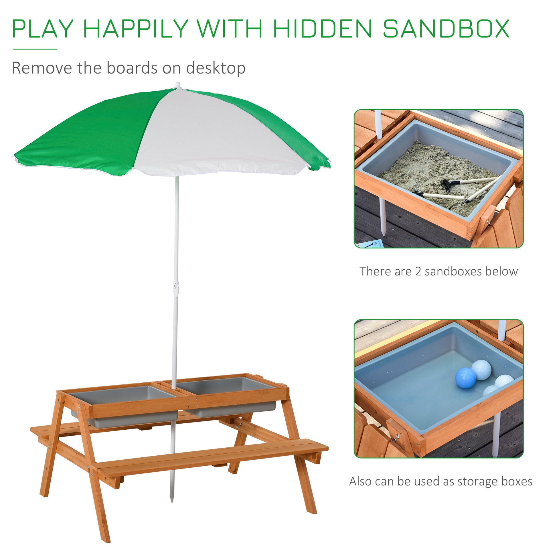 Outsunny Kids Picnic Table with Benches, Wooden Sand and Water Table, Adjustable Parasol, Storage Bins, for Kids 3-6 Years, Brown