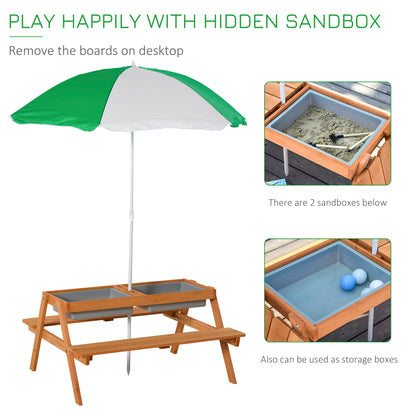 Outsunny Kids Picnic Table with Benches, Wooden Sand and Water Table, Adjustable Parasol, Storage Bins, for Kids 3-6 Years, Brown