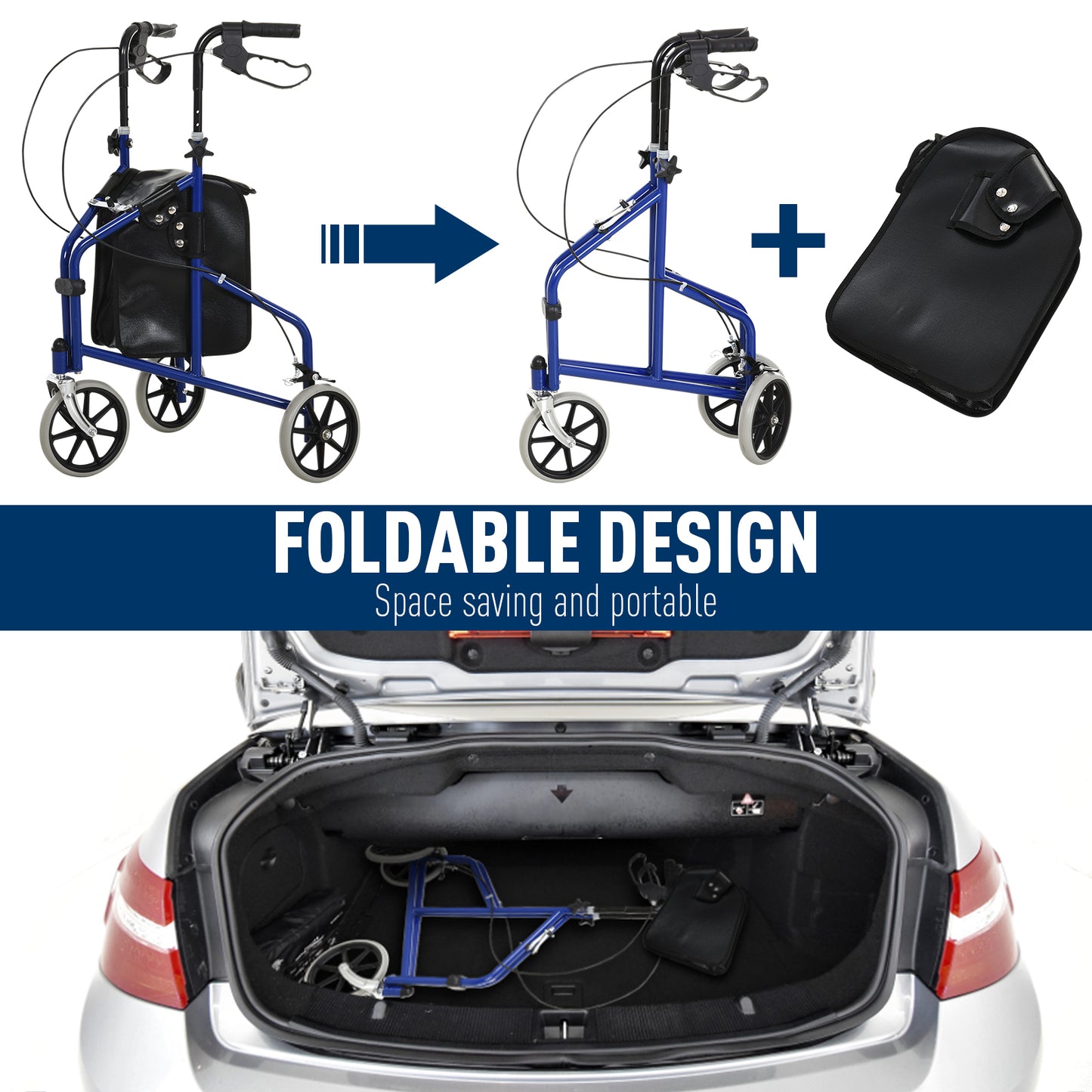 HOMCOM Tri Rollator Walker for Seniors and Handicapped, Three Wheel Rollator with Handbrakes, Adjustable Height, PU Storage Bag, Metal