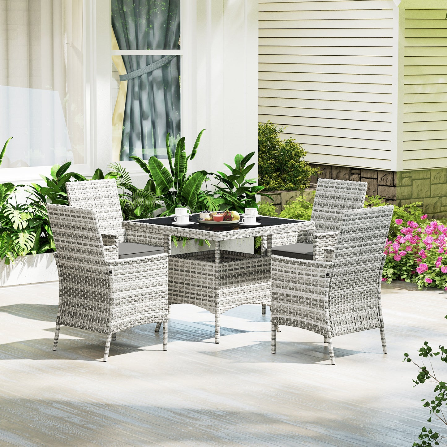 Outsunny Rattan Garden Furniture Set, Outdoor Dining Table and Chairs 4 Seater with Cushions, Square Tempered Glass Top, 4 Armchairs, for Balcony, Terrace, Conservatory, Mixed-Grey