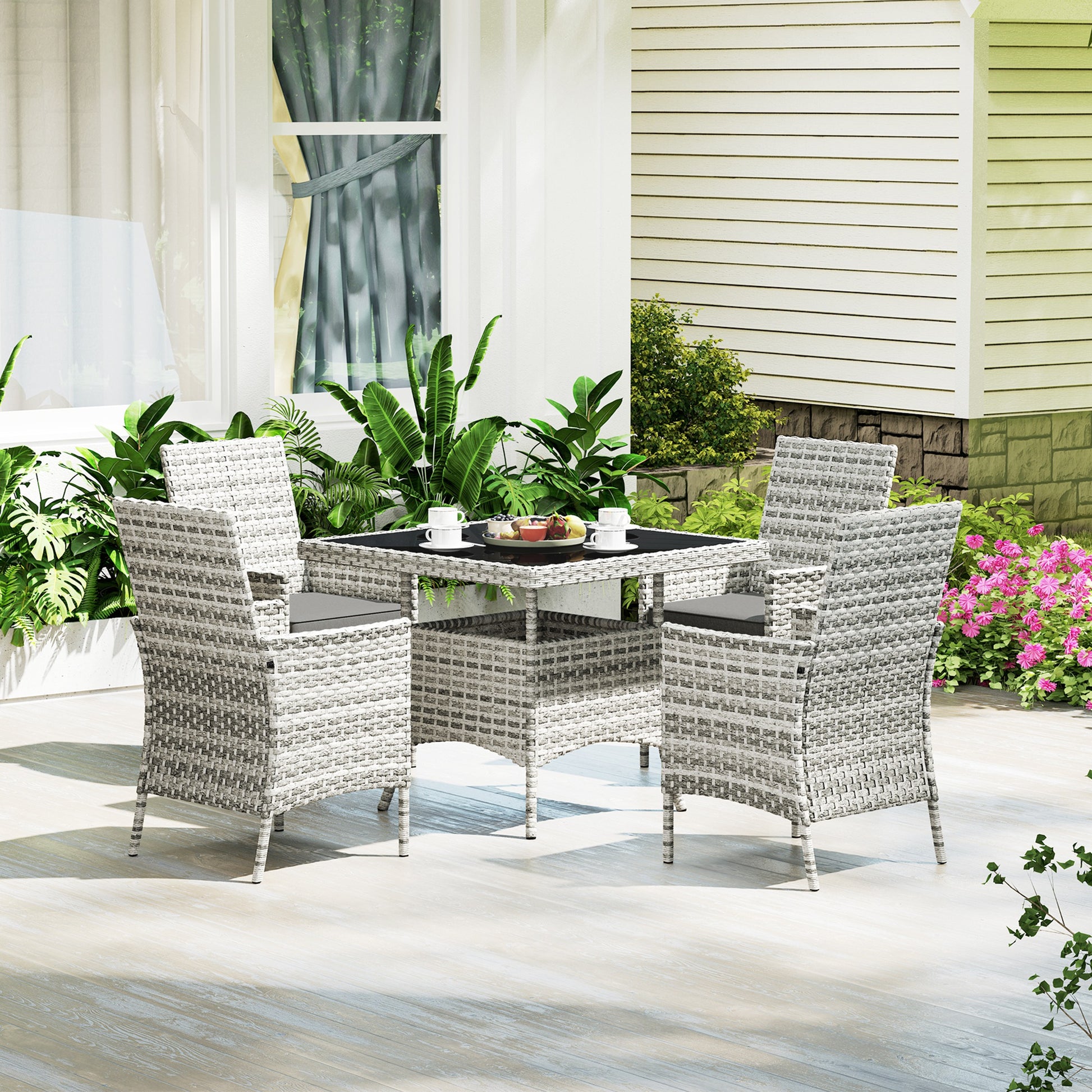 Outsunny Rattan Garden Furniture Set, Outdoor Dining Table and Chairs 4 Seater with Cushions, Square Tempered Glass Top, 4 Armchairs, for Balcony, Terrace, Conservatory, Mixed-Grey