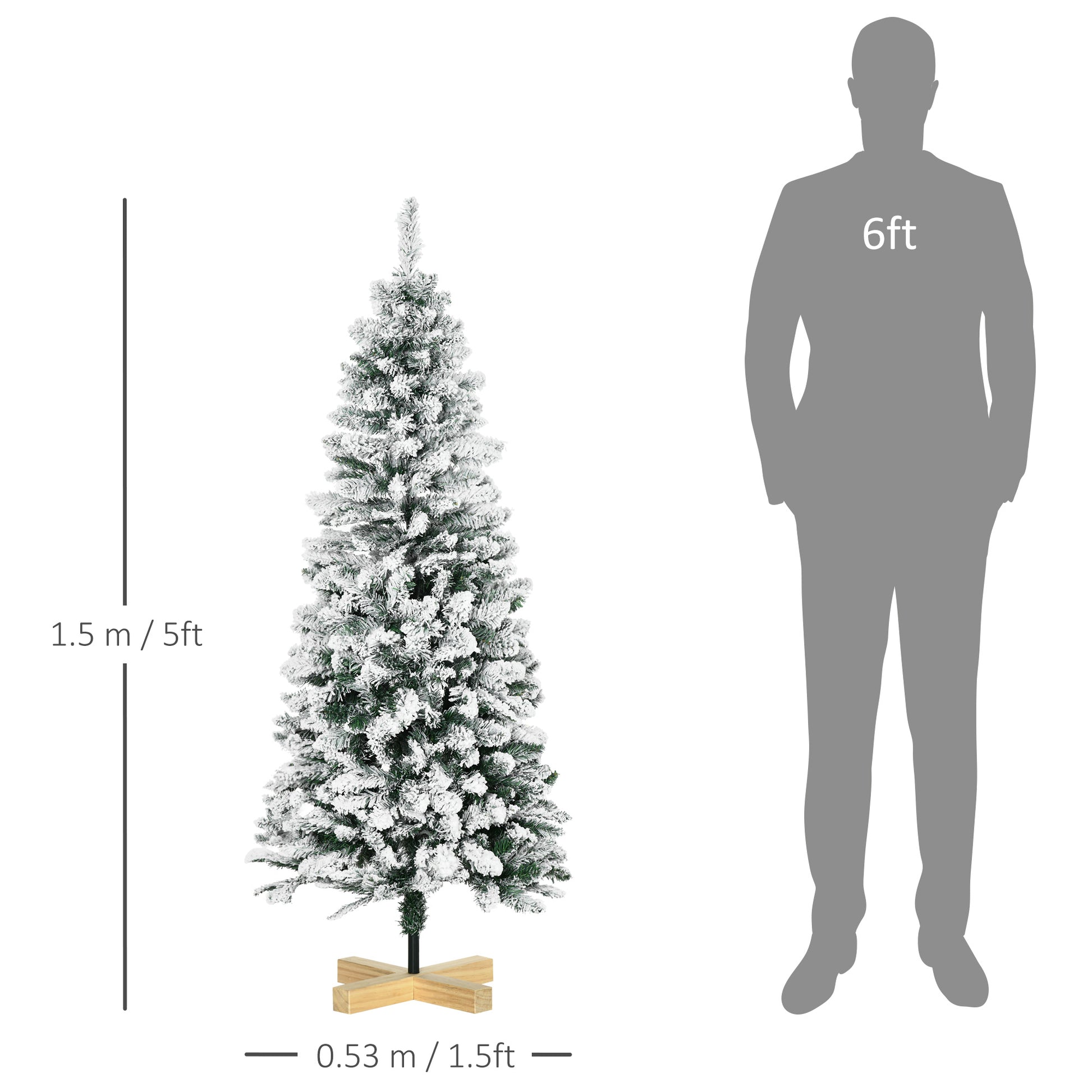 HOMCOM 5 Foot Snow Flocked Artificial Christmas Tree, Xmas Pencil Tree with 426 Realistic Branches, Auto Open, Pinewood Base, Green