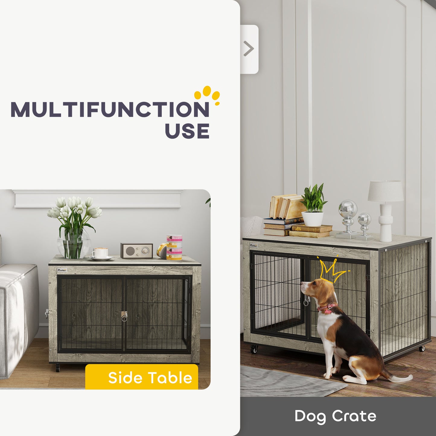 PawHut Dog Crate Furniture with Wheels, Double Doors, for Medium Dogs, Grey