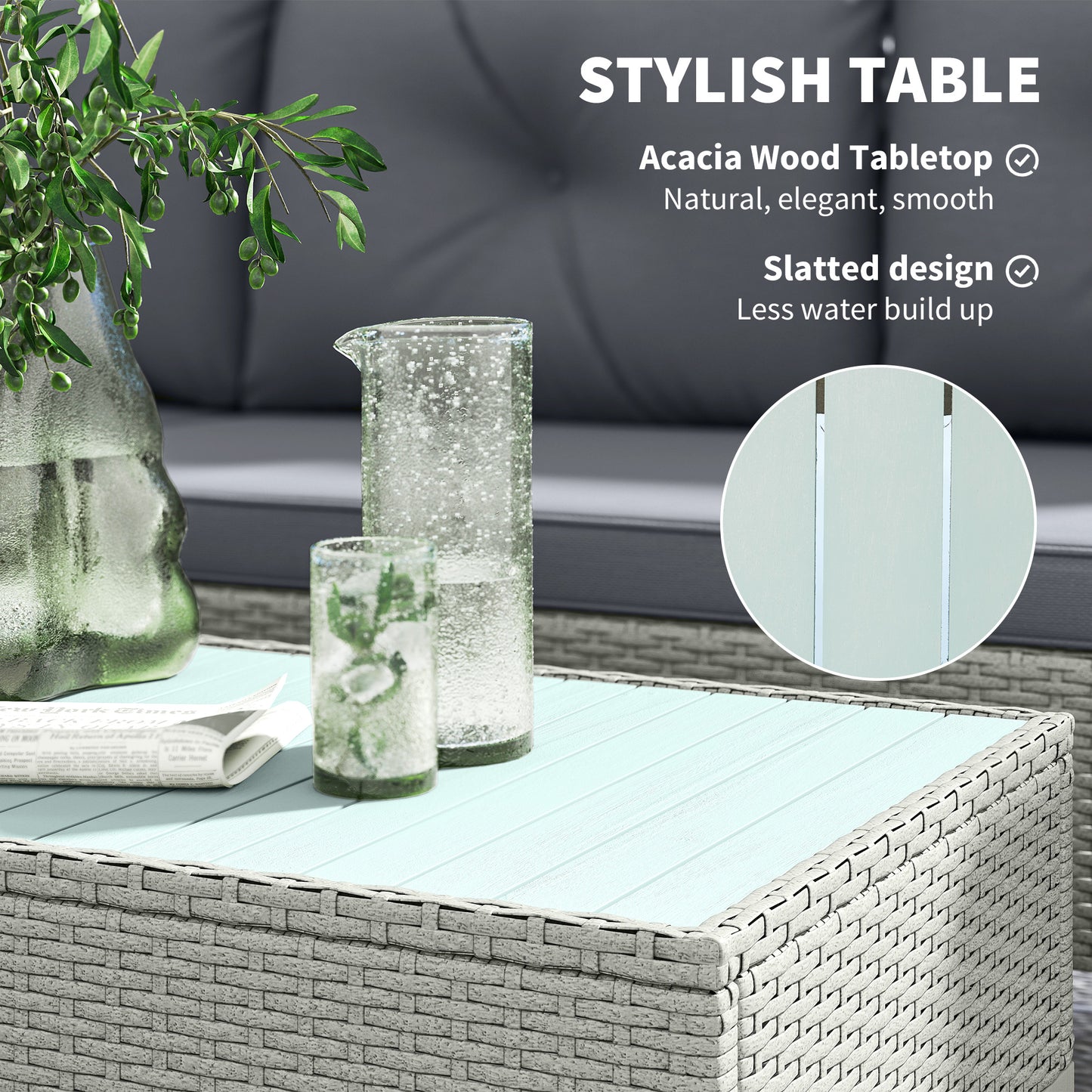 Outsunny 3 Pieces Rattan Garden Furniture Set, L Shaped Garden Conversation Chaise Lounge Furniture with Wood Top Coffee Table and Thick Cushions, Charcoal Grey