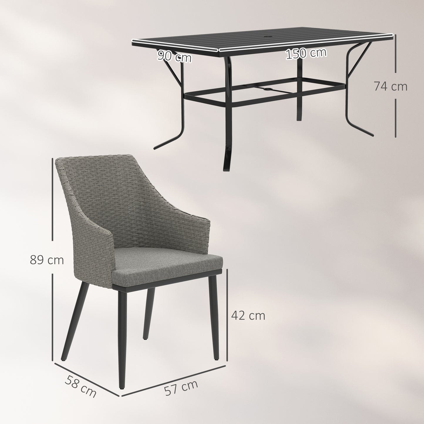 Outsunny 6 Seater Rattan Dining Set with Cushions, Garden Furniture Set with Armchairs, Rectangle Slatted Table Top, Steel Frame, Parasol Hole, Wicker Outdoor Furniture for Patio, Balcony, Grey