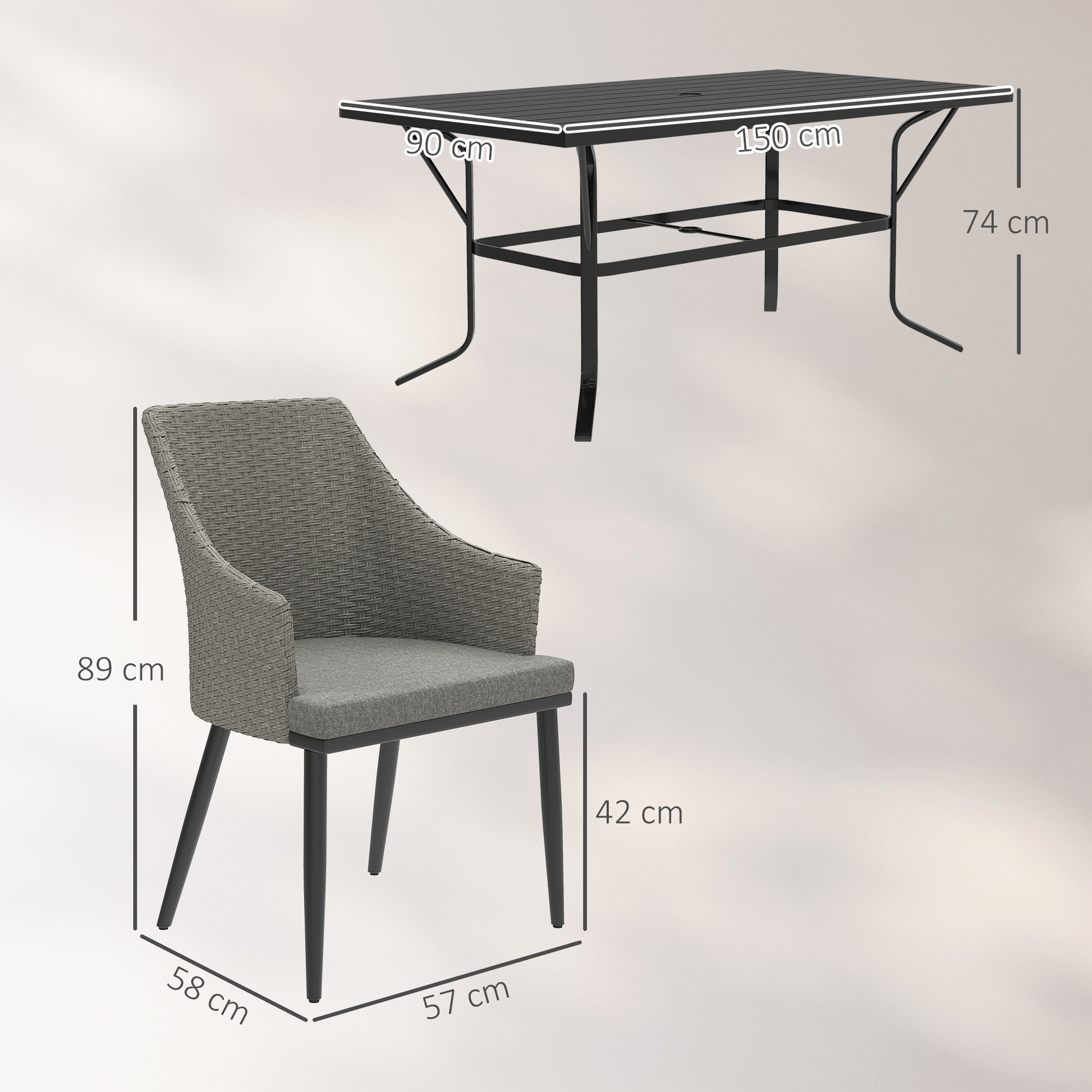 Outsunny 6 Seater Rattan Dining Set with Cushions, Garden Furniture Set with Armchairs, Rectangle Slatted Table Top, Steel Frame, Parasol Hole, Wicker Outdoor Furniture for Patio, Balcony, Grey