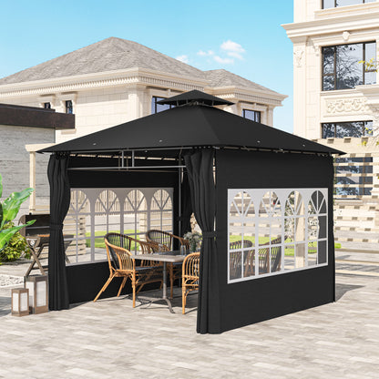 Outsunny 3 x 3 m Garden Gazebo, Double Roof Metal Gazebo with Removable Sidewalls and Church Windows, Outdoor Canopy Shelter, Black
