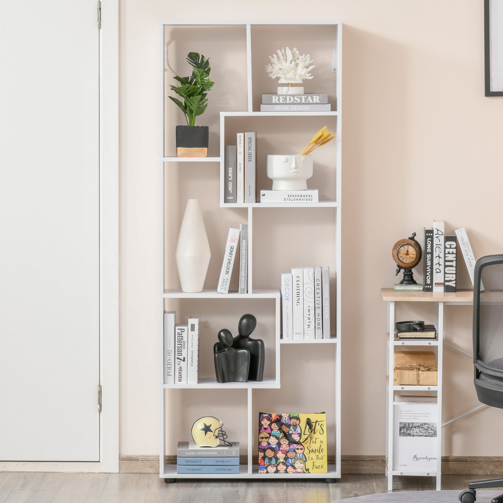 HOMCOM 8-Tier Freestanding Bookcase w/ Melamine Surface Anti-Tipping Foot Pads Home Display Storage Grid Stand Modern Style - White